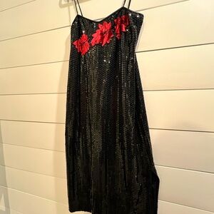 Moroni Vintage  Black Sequin Dress with Red Velvet Floral Accents
